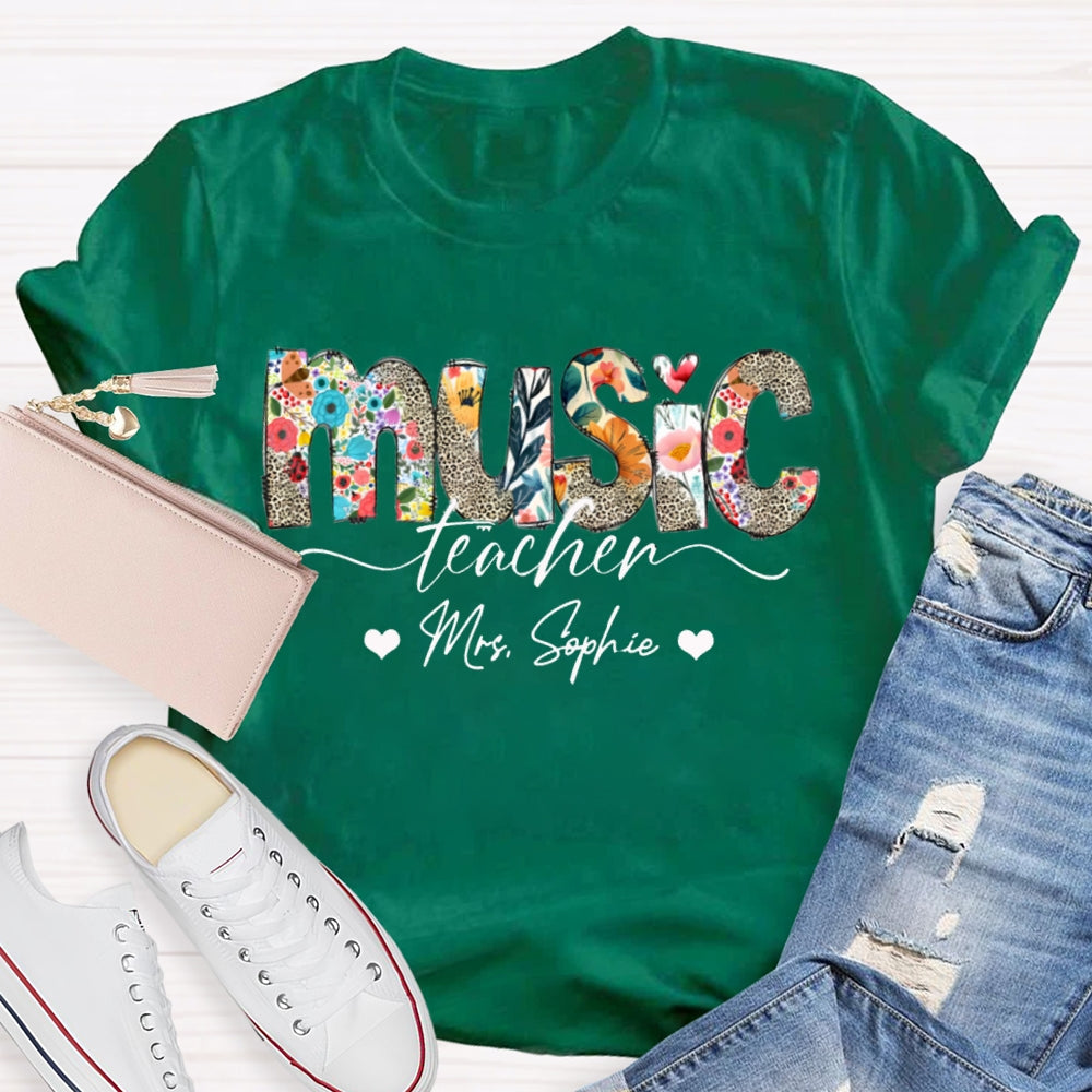 Personalized Name Music Teacher Colorful Print And Leopard Print Monogram T-shirt