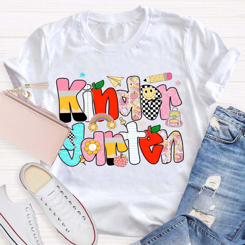 Personalized Grade Kindergarten Colored Letters Teacher T-shirt
