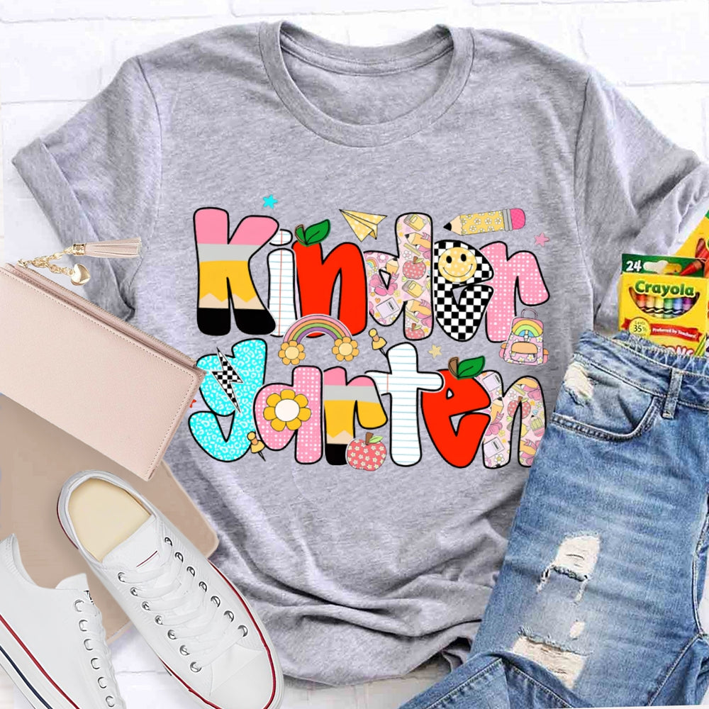 Personalized Grade Kindergarten Colored Letters Teacher T-shirt