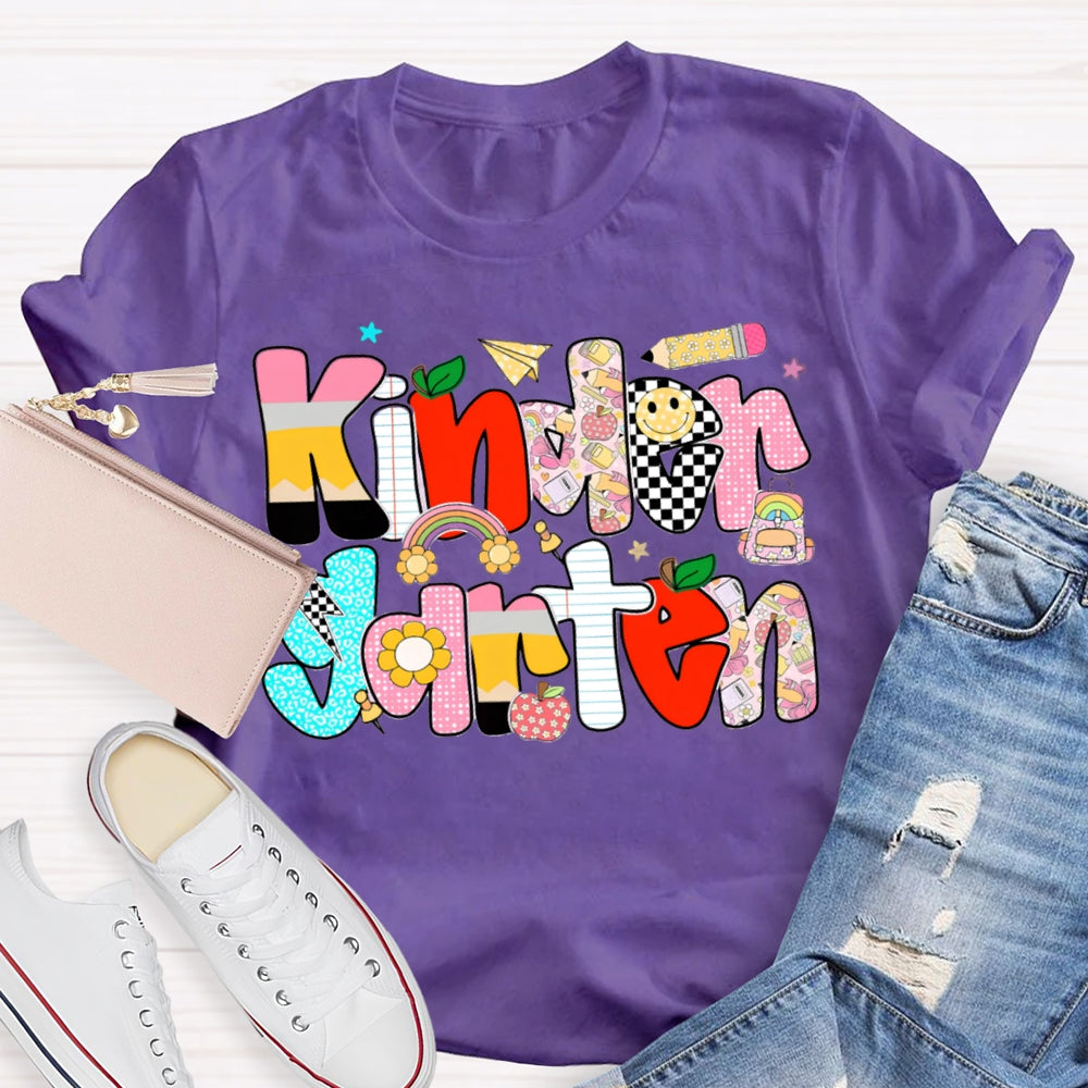 Personalized Grade Kindergarten Colored Letters Teacher T-shirt