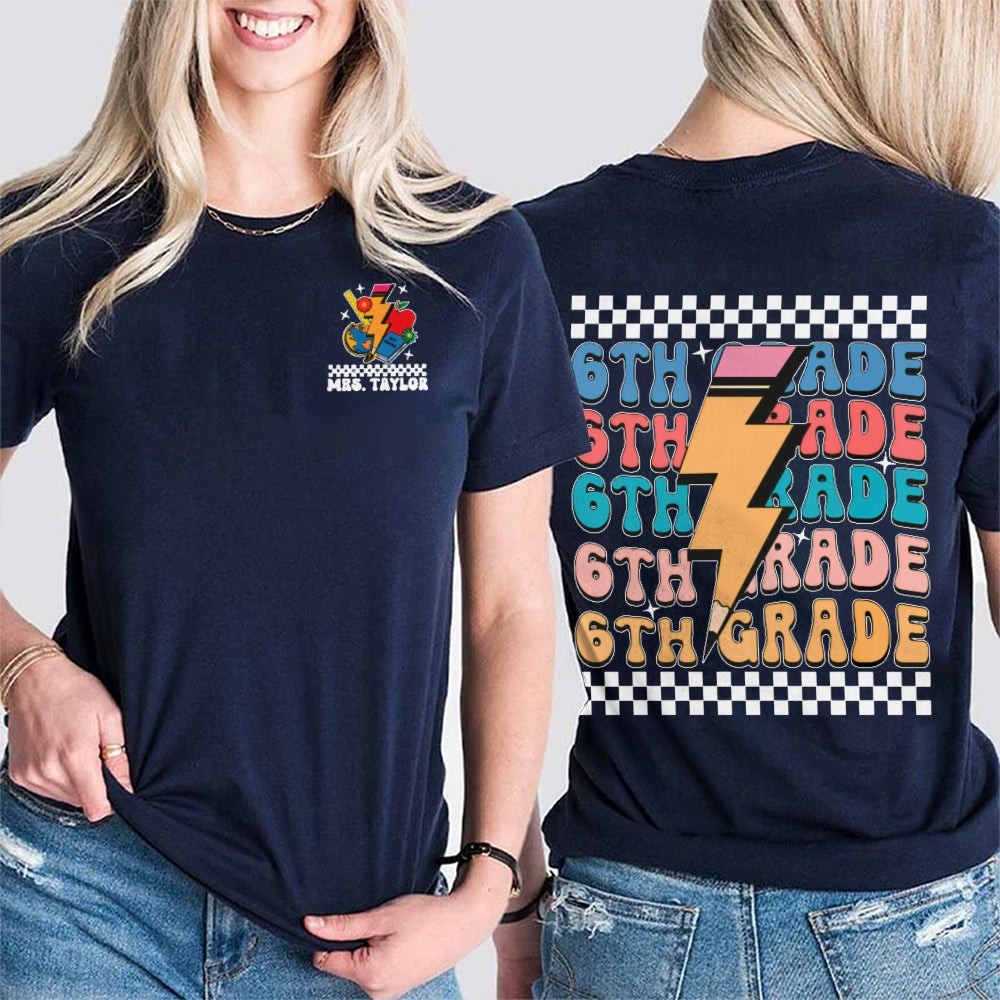 Personalized Name And Grade Funny Teacher Double Printed T-shirt