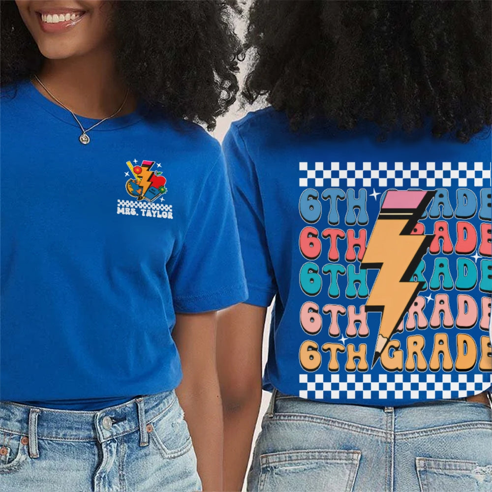 Personalized Name And Grade Funny Teacher Double Printed T-shirt