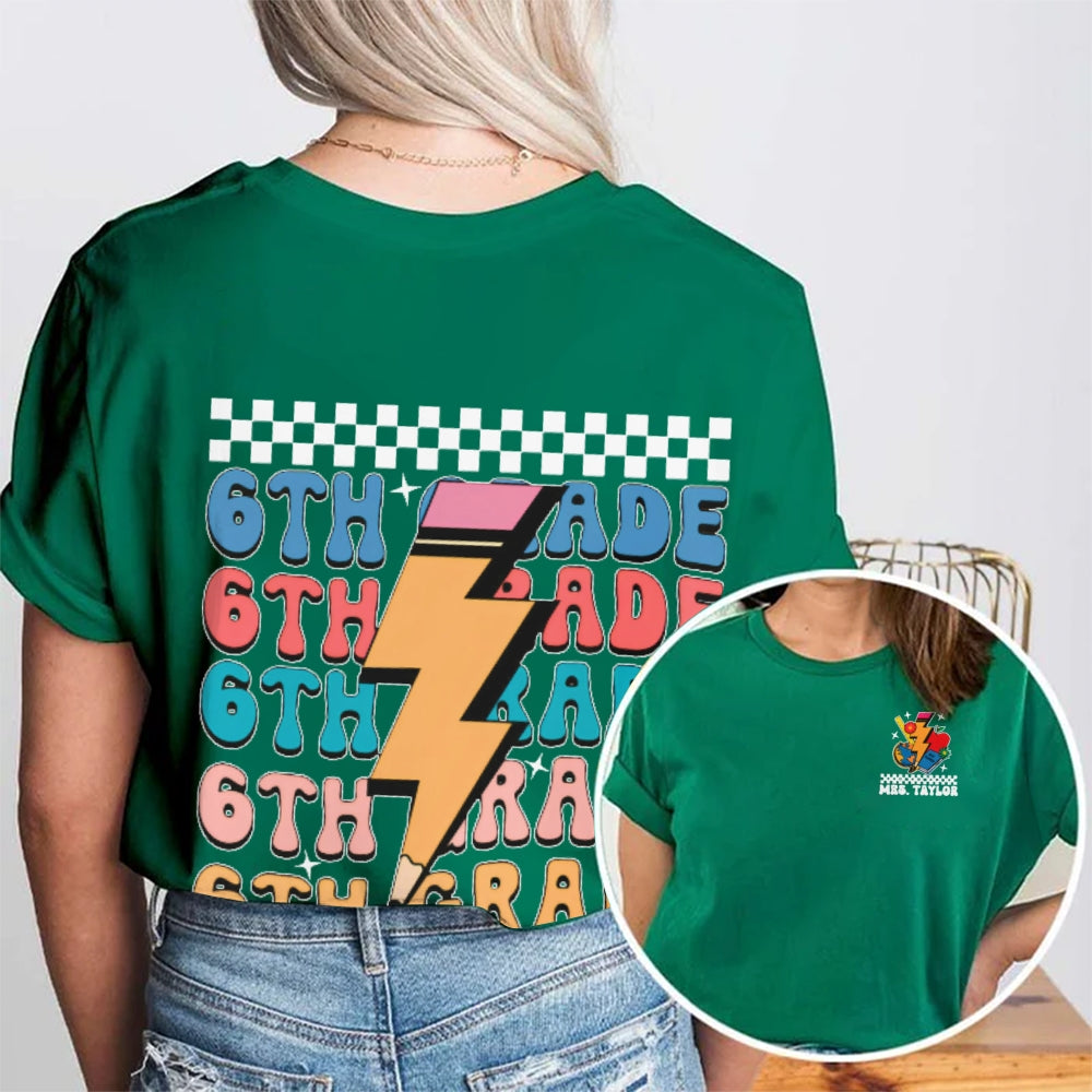 Personalized Name And Grade Funny Teacher Double Printed T-shirt