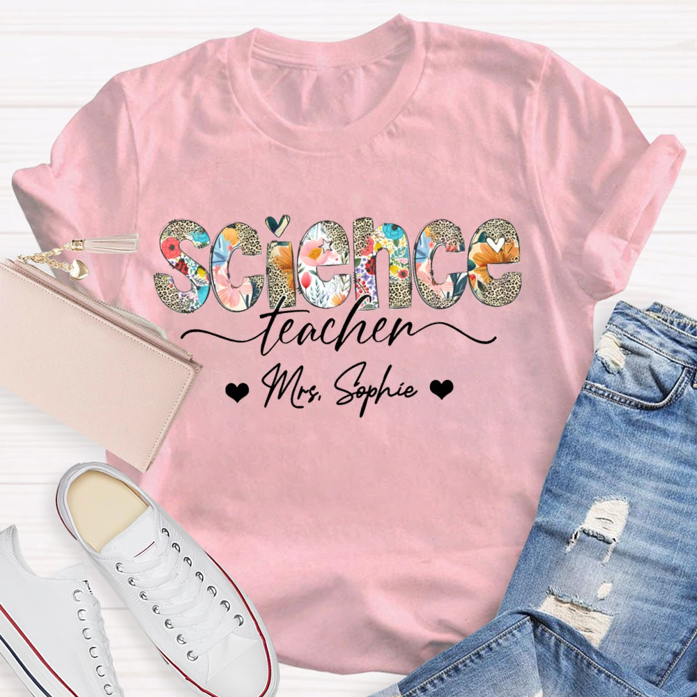 Personalized Name Science Teacher Colorful Leopard Print Letters T-shirt