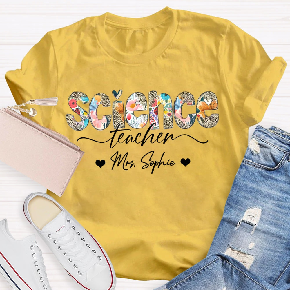 Personalized Name Science Teacher Colorful Leopard Print Letters T-shirt