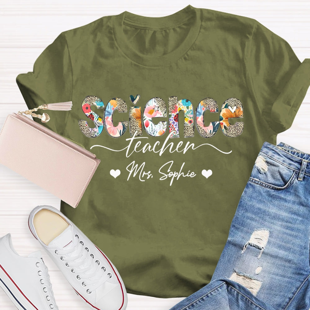 Personalized Name Science Teacher Colorful Leopard Print Letters T-shirt