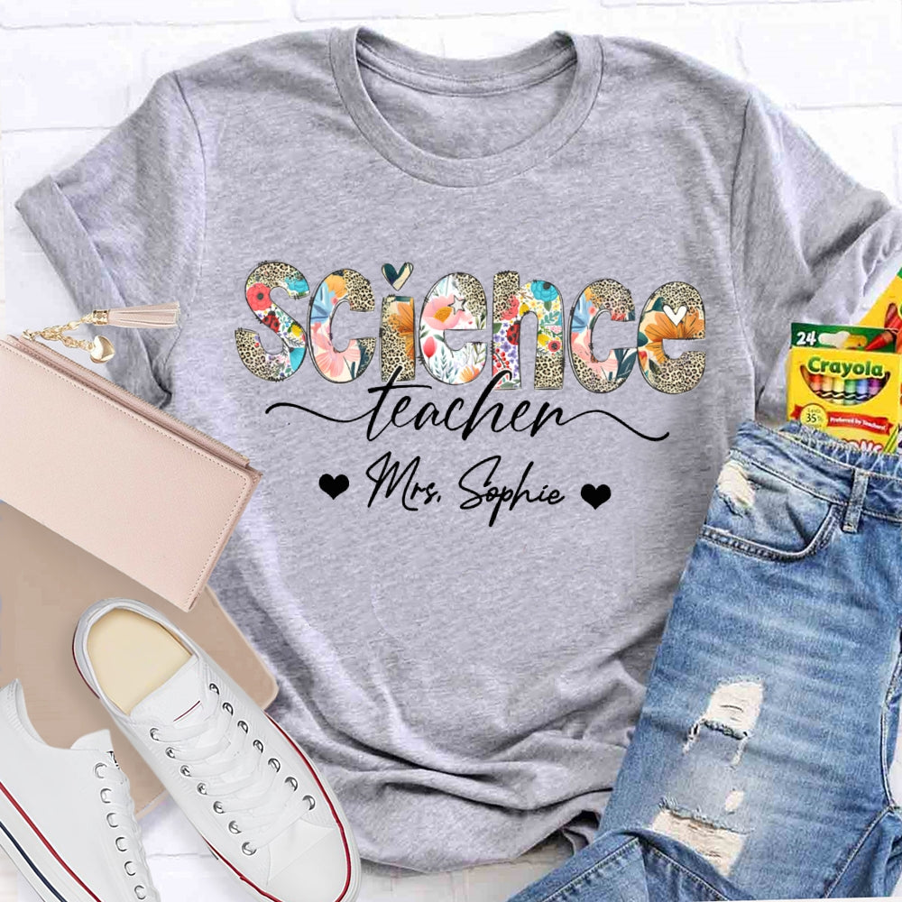 Personalized Name Science Teacher Colorful Leopard Print Letters T-shirt