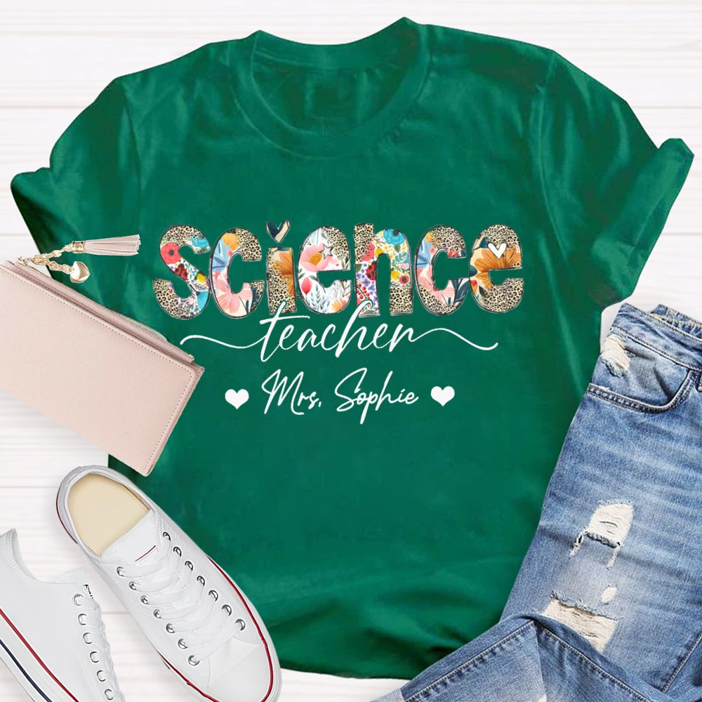 Personalized Name Science Teacher Colorful Leopard Print Letters T-shirt
