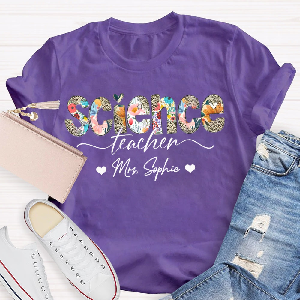 Personalized Name Science Teacher Colorful Leopard Print Letters T-shirt