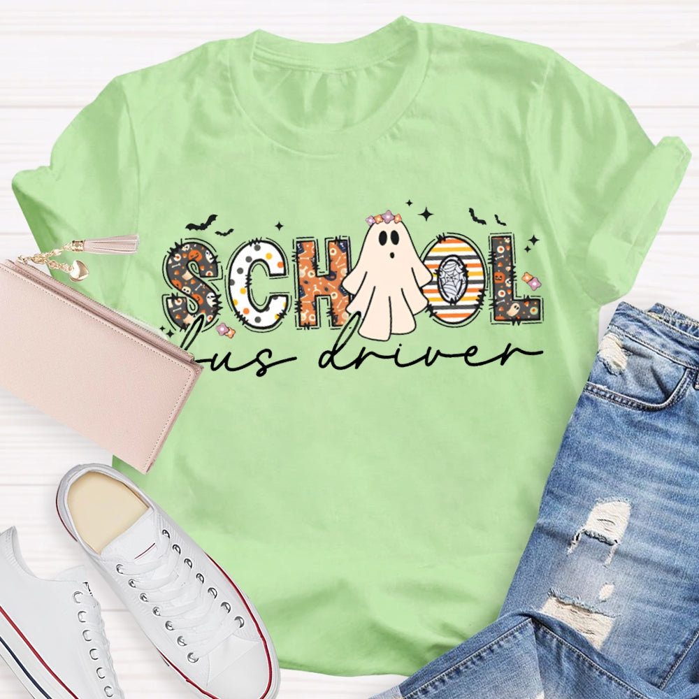 School Bus Driver Colorful Patterns And Ghost Combination Letters Halloween Funny T-shirt