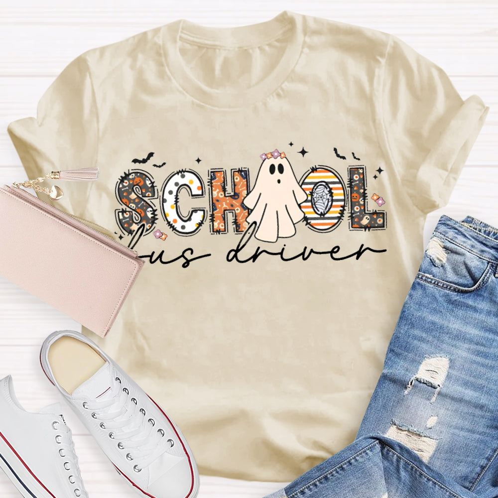 School Bus Driver Colorful Patterns And Ghost Combination Letters Halloween Funny T-shirt