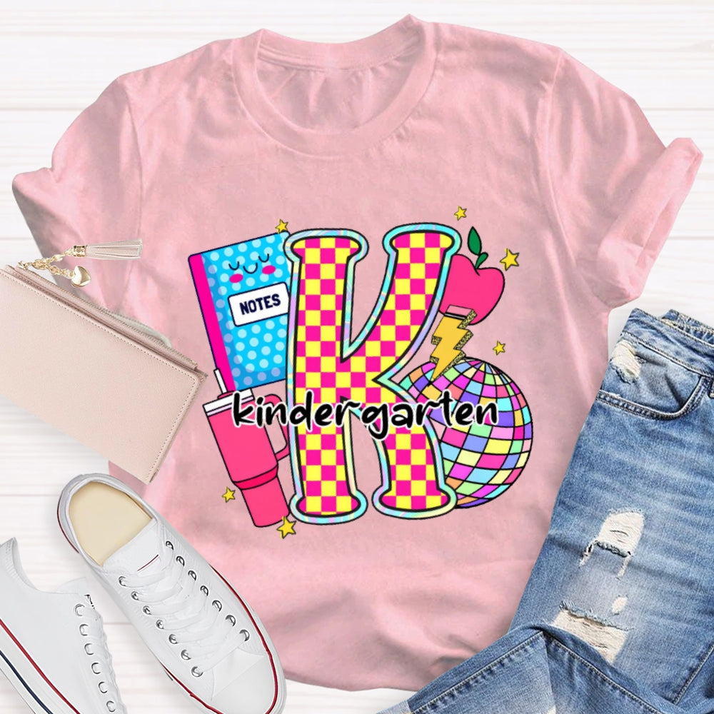 Personalized Grade Colorful Checkerboard Print K Is For Kindergarten T-Shirt