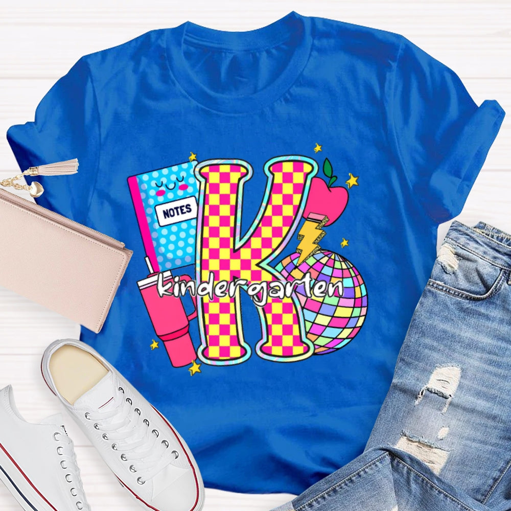 Personalized Grade Colorful Checkerboard Print K Is For Kindergarten T-Shirt