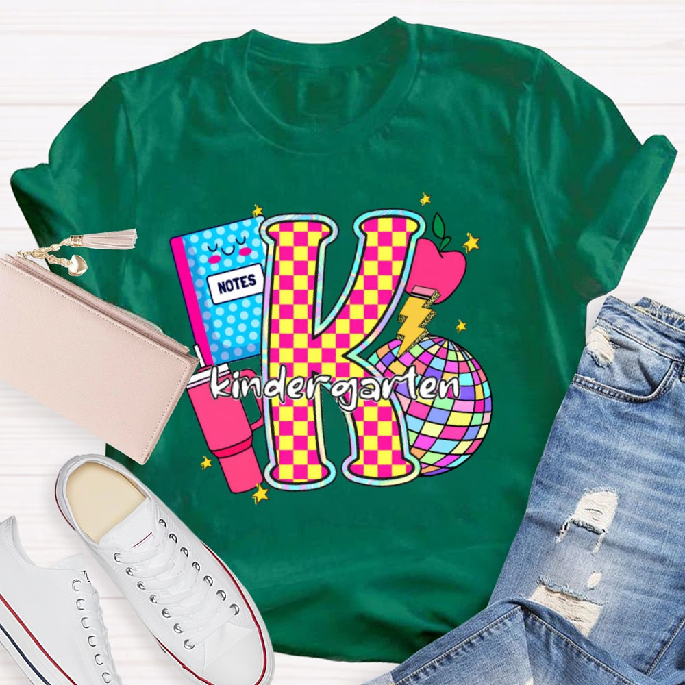 Personalized Grade Colorful Checkerboard Print K Is For Kindergarten T-Shirt