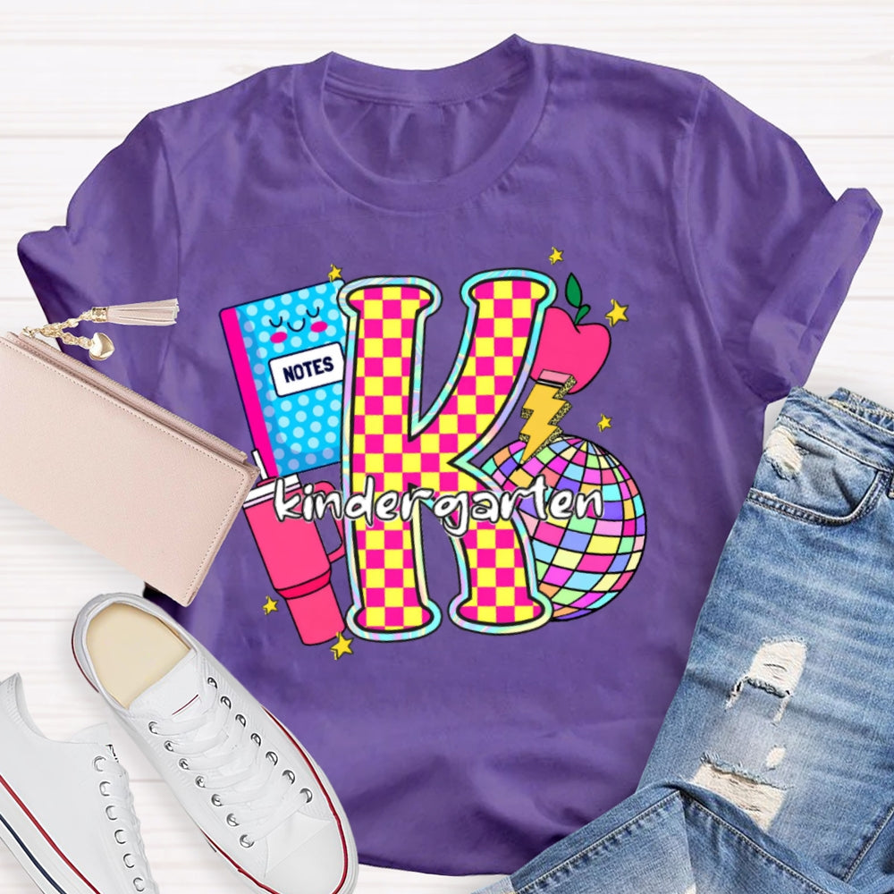 Personalized Grade Colorful Checkerboard Print K Is For Kindergarten T-Shirt