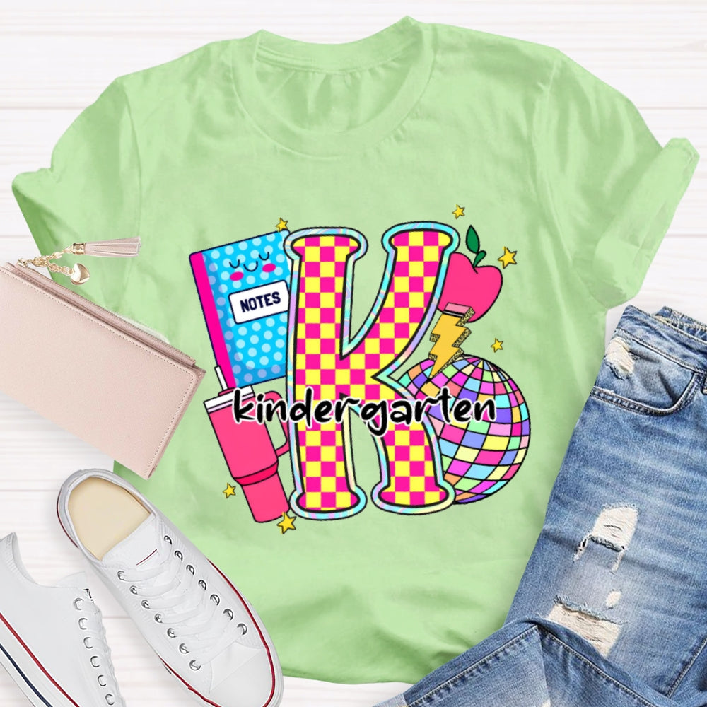 Personalized Grade Colorful Checkerboard Print K Is For Kindergarten T-Shirt