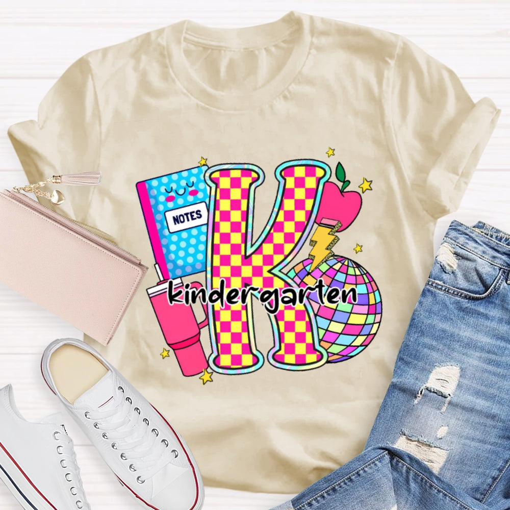 Personalized Grade Colorful Checkerboard Print K Is For Kindergarten T-Shirt