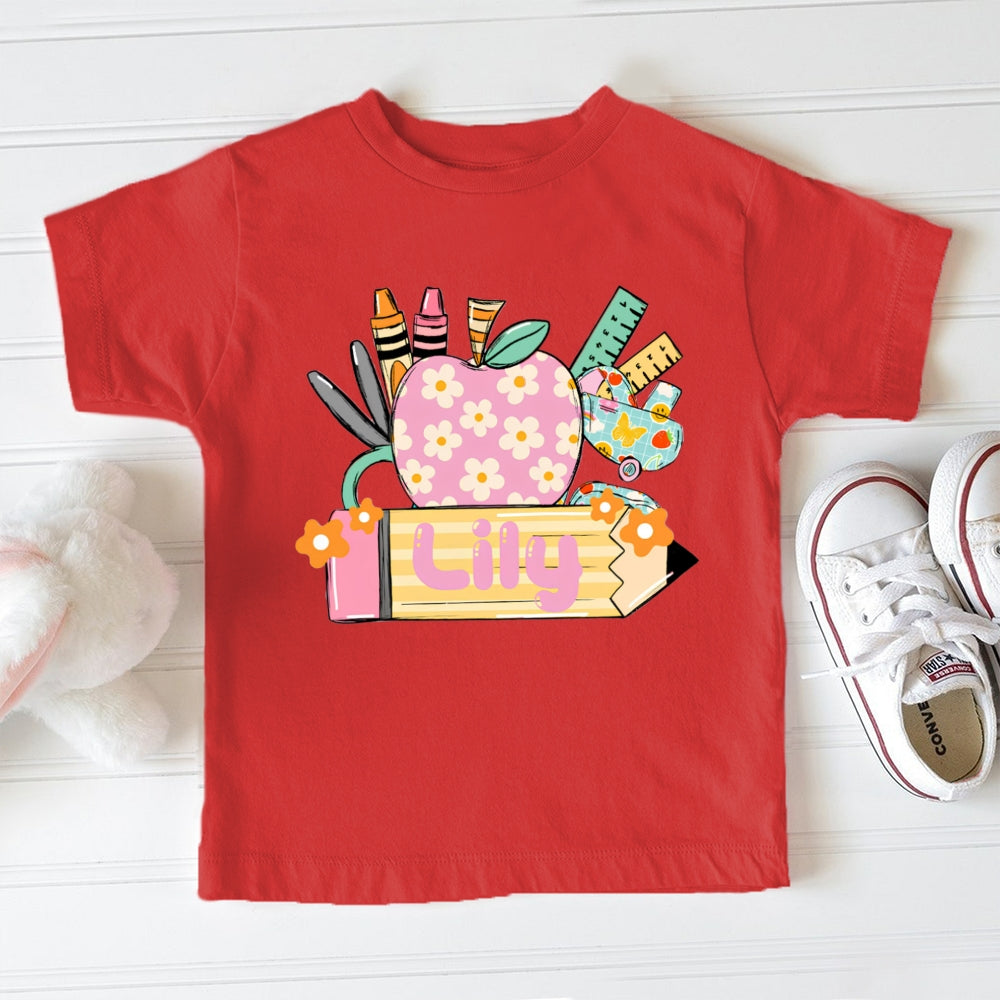 Personalized Name Small Flower Apple And Yellow Pencil Toddler&Kids Tees