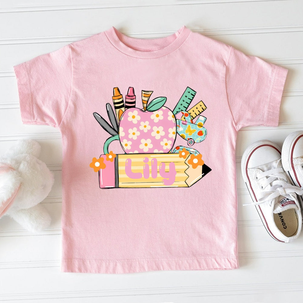 Personalized Name Small Flower Apple And Yellow Pencil Toddler&Kids Tees