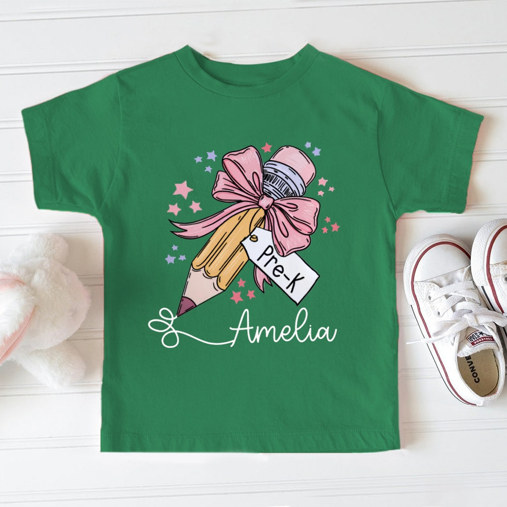 Personalized Name Pre-K Pink Bow Pencil And Small Heart Toddler&Kids Tees