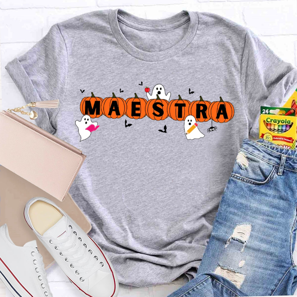Maestra Teacher Little Bats And Ghosts Funny Halloween T-shirt