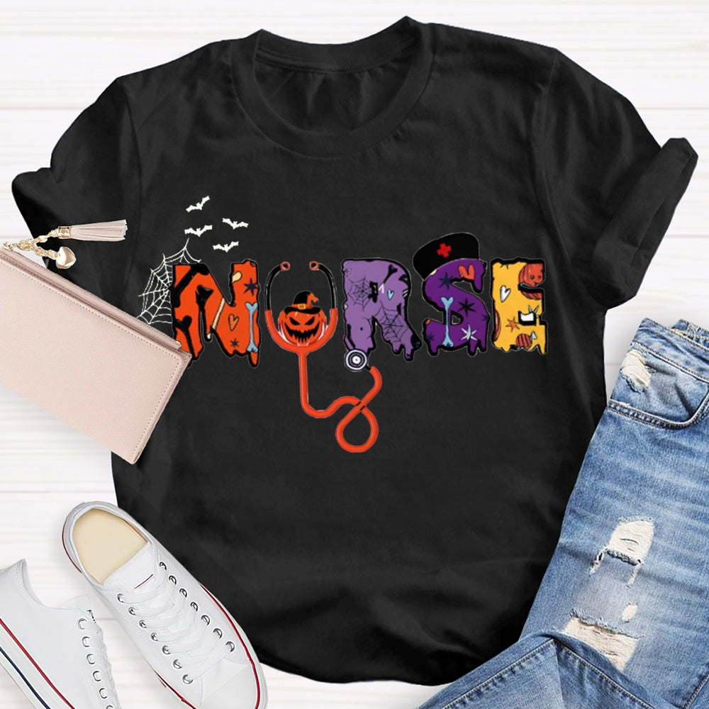 School Nurse Stethoscope And Little Bat Funny Halloween T-shirt