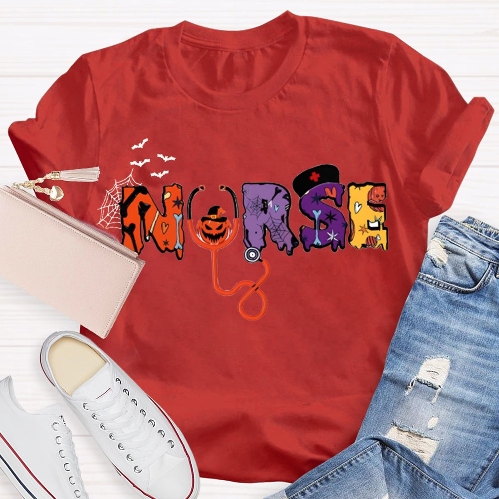 School Nurse Stethoscope And Little Bat Funny Halloween T-shirt