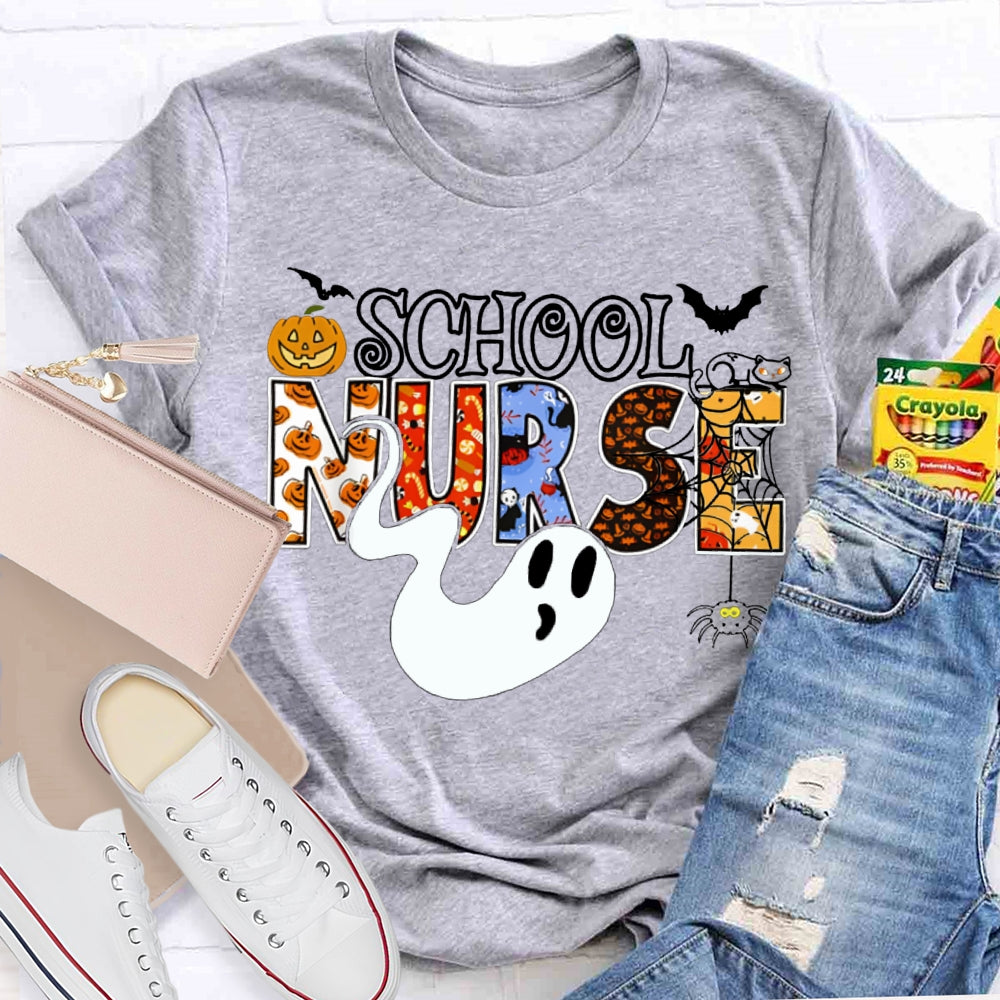 School Nurse Cute Ghost And Pumpkin Alphabet Funny Halloween T-shirt