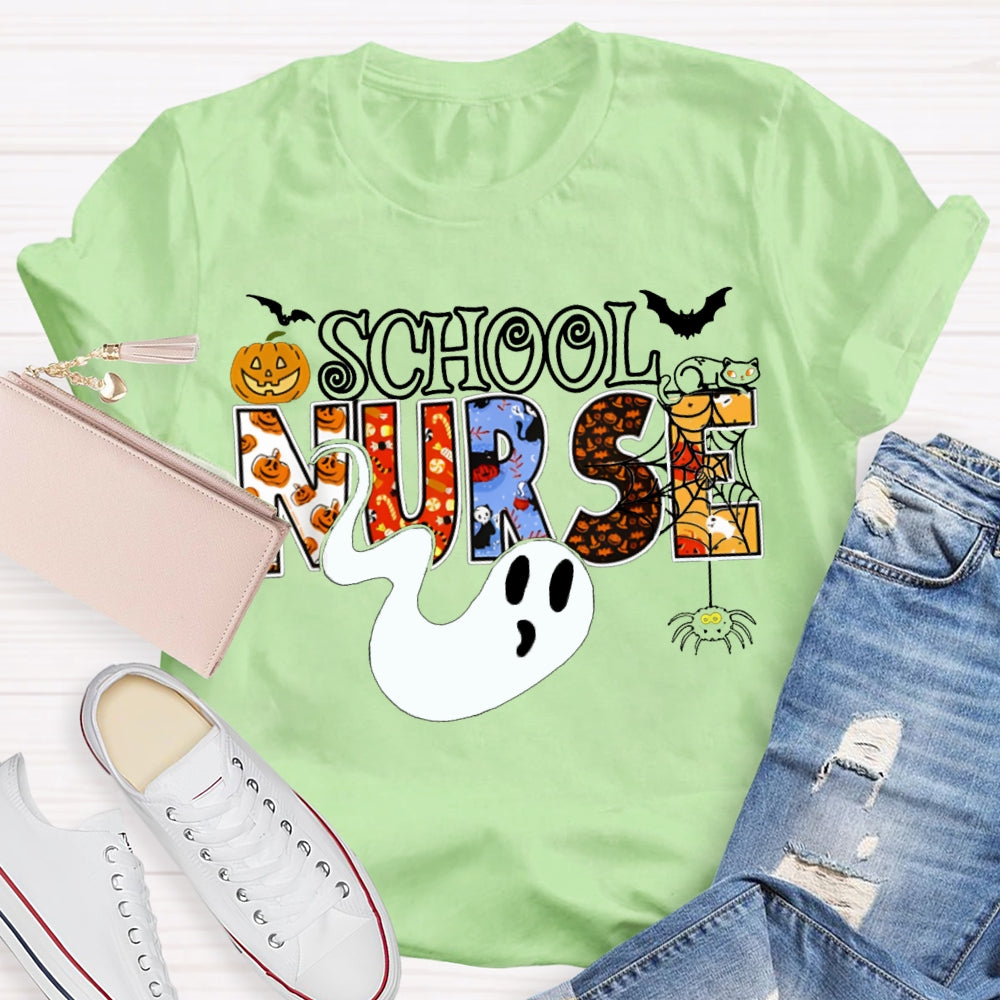 School Nurse Cute Ghost And Pumpkin Alphabet Funny Halloween T-shirt