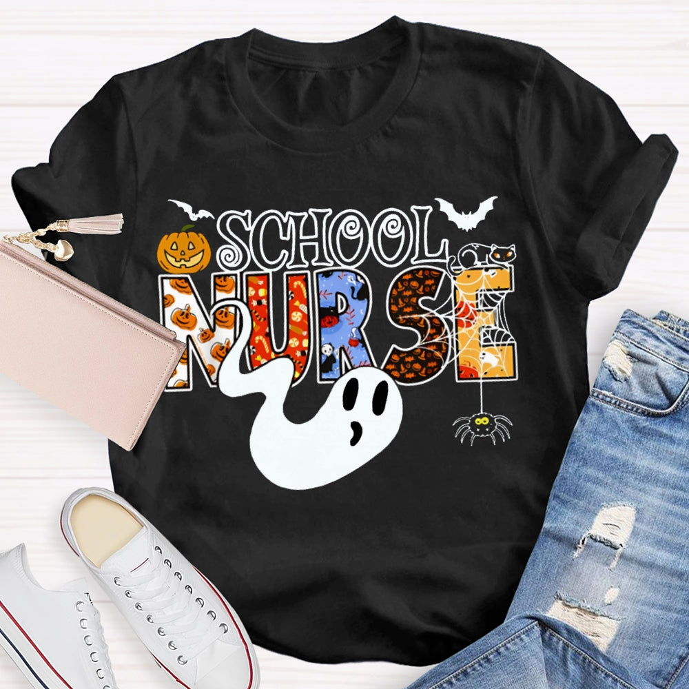 School Nurse Cute Ghost And Pumpkin Alphabet Funny Halloween T-shirt