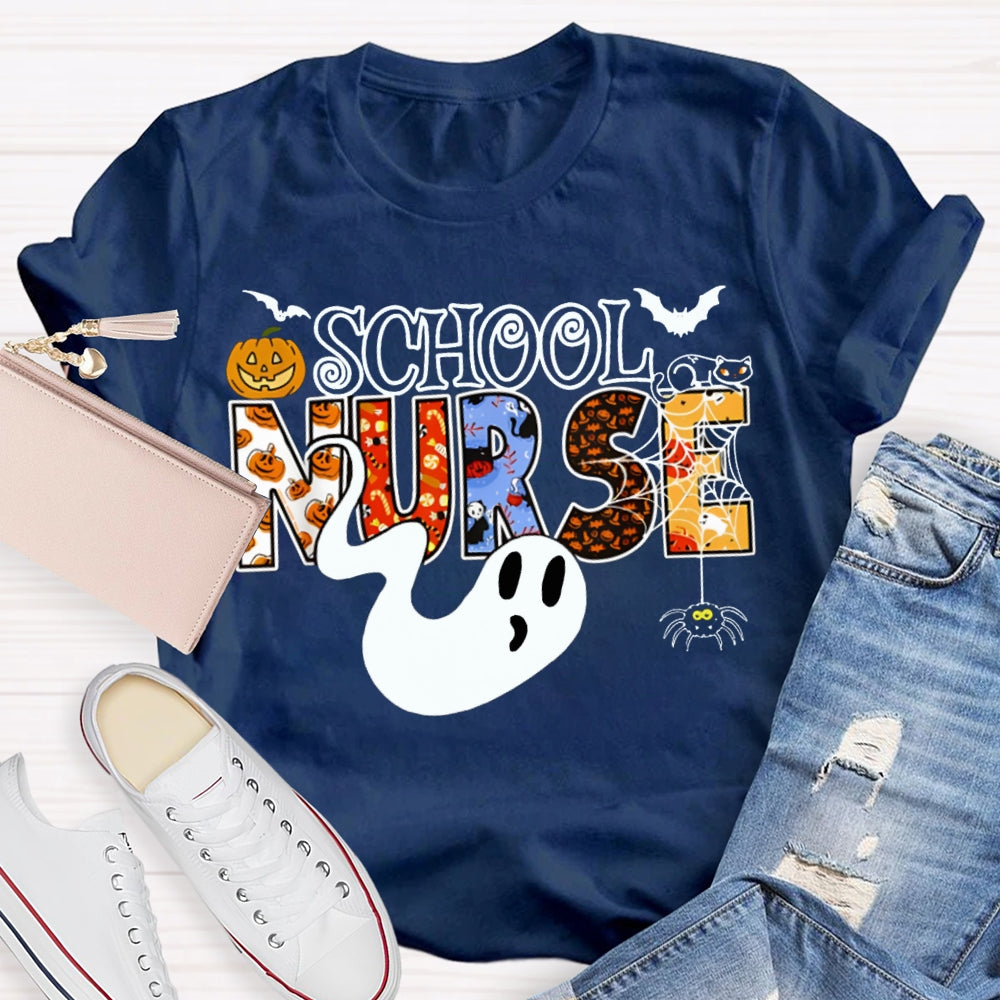 School Nurse Cute Ghost And Pumpkin Alphabet Funny Halloween T-shirt