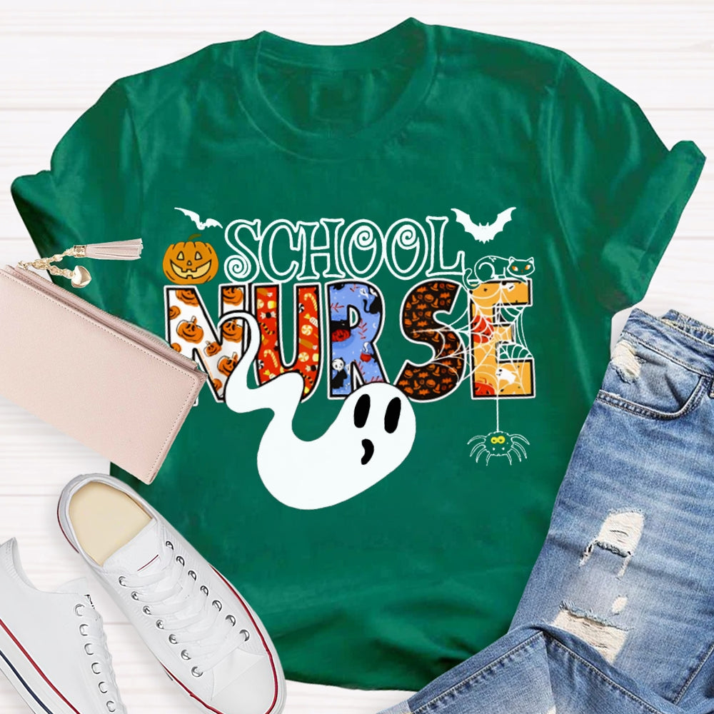 School Nurse Cute Ghost And Pumpkin Alphabet Funny Halloween T-shirt