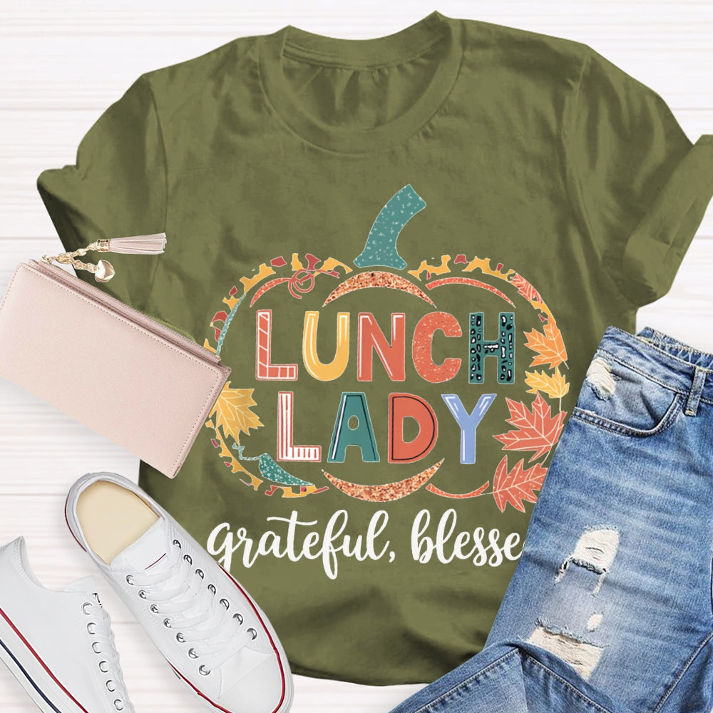 Lunch Lady Grateful Blessed Maple Leaf And Pumpkin Print Halloween T-shirt