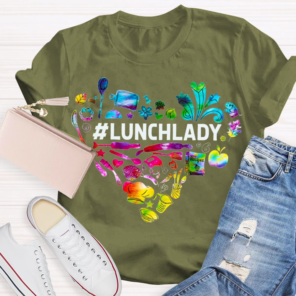 Lunch Lady Colorful Tie-Dye Heart-Shaped Letters T-shirt