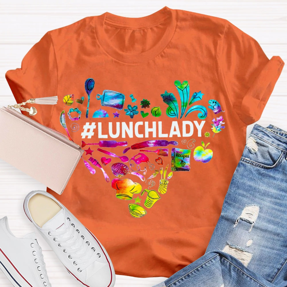 Lunch Lady Colorful Tie-Dye Heart-Shaped Letters T-shirt