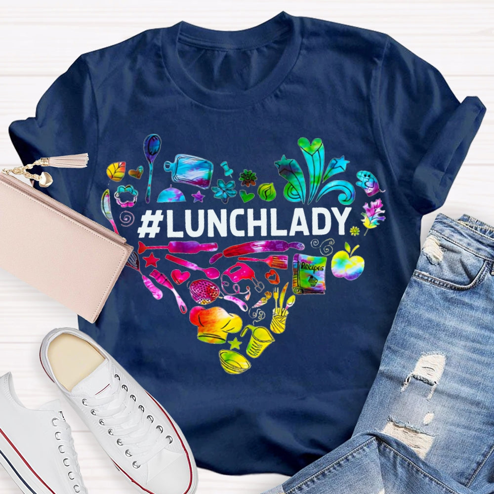 Lunch Lady Colorful Tie-Dye Heart-Shaped Letters T-shirt