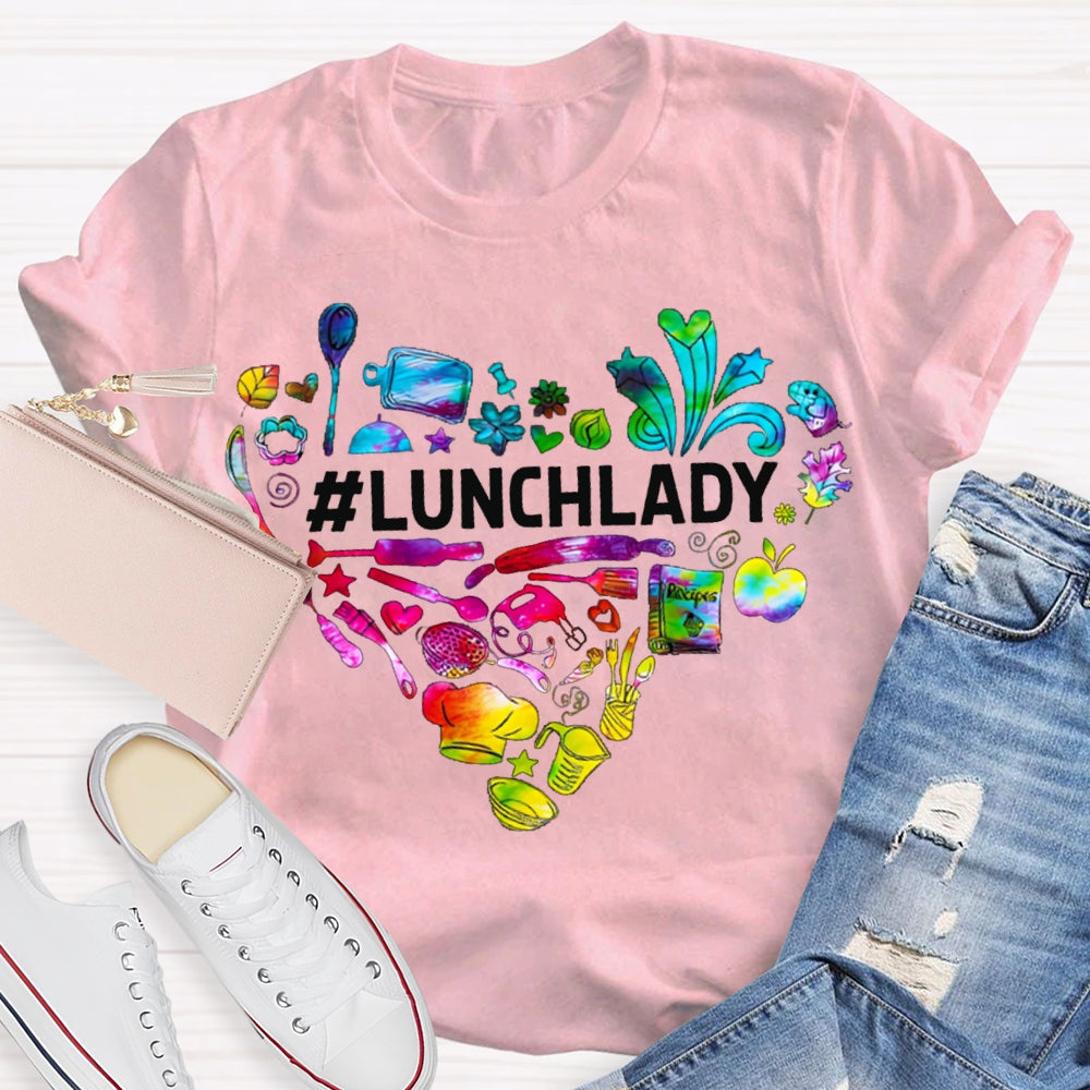 Lunch Lady Colorful Tie-Dye Heart-Shaped Letters T-shirt