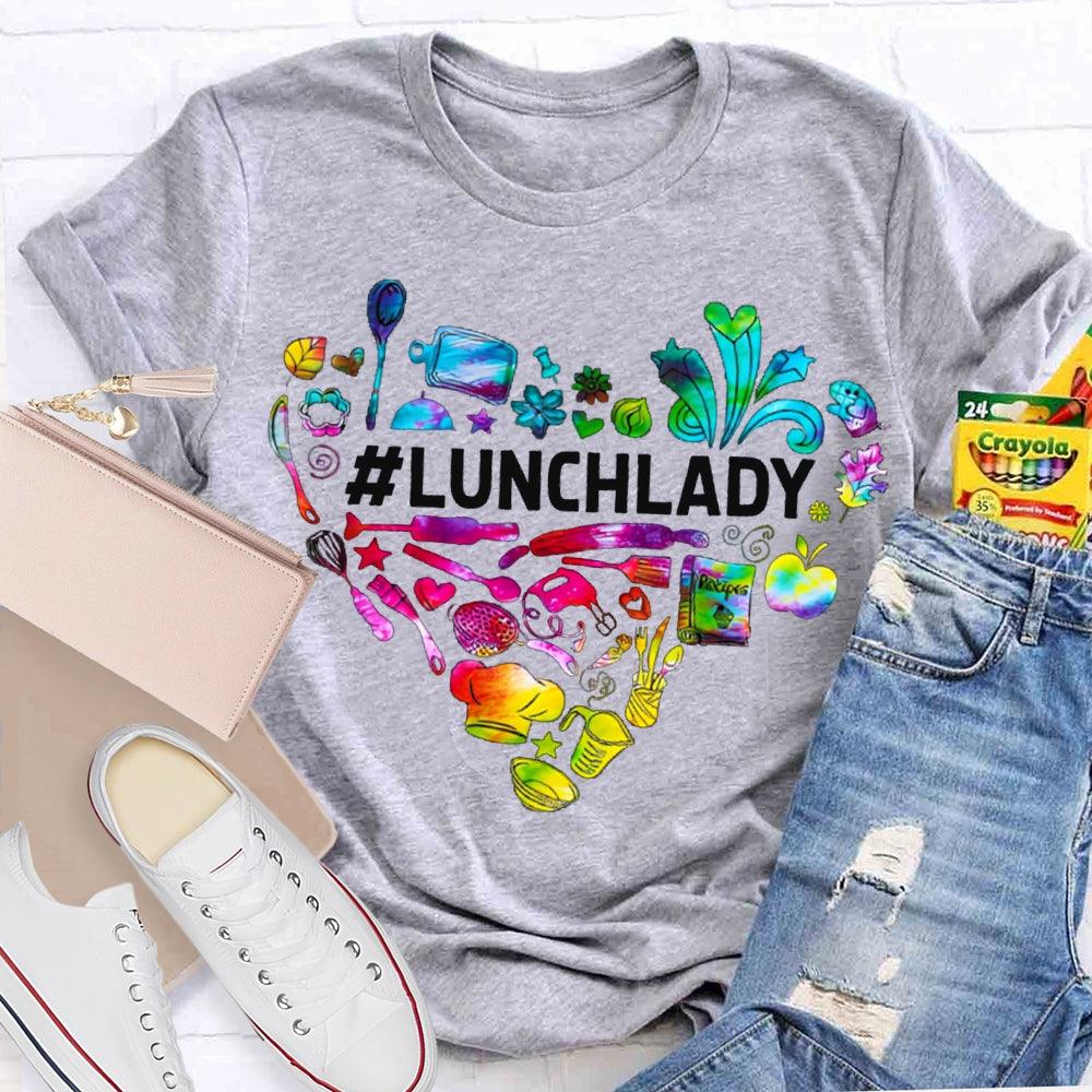 Lunch Lady Colorful Tie-Dye Heart-Shaped Letters T-shirt
