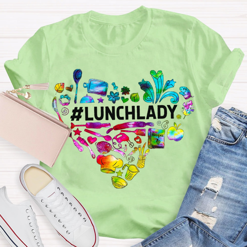 Lunch Lady Colorful Tie-Dye Heart-Shaped Letters T-shirt