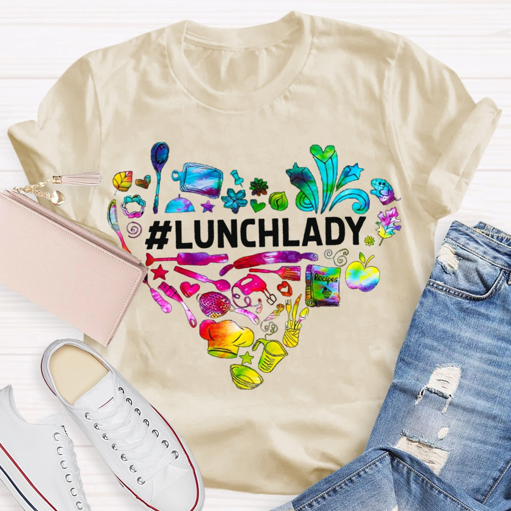 Lunch Lady Colorful Tie-Dye Heart-Shaped Letters T-shirt