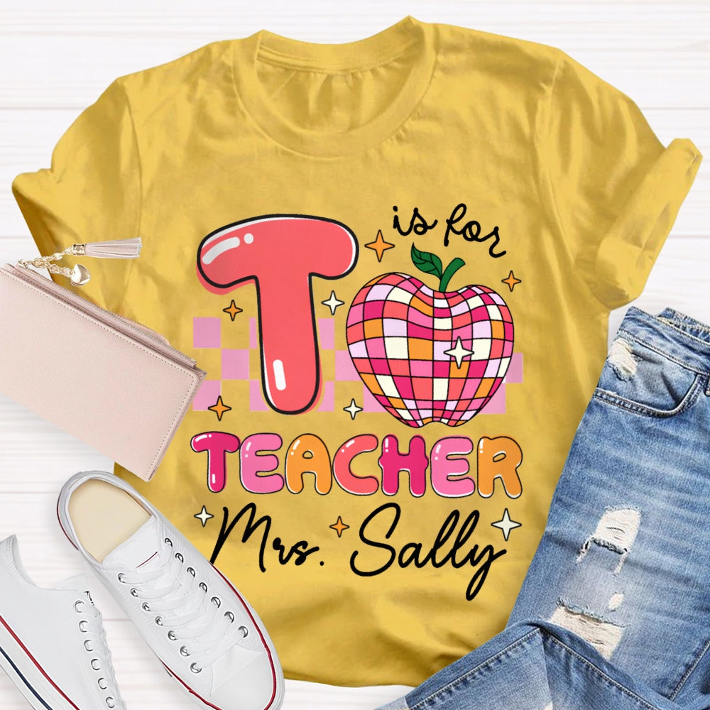 Personalized Name T Is For Teacher Colorful Checkered Apple T-shirt
