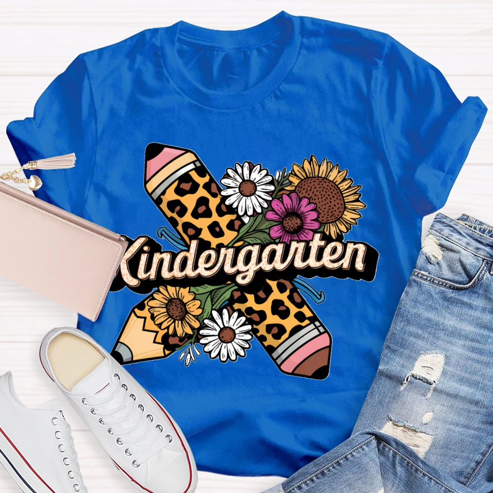 Personalized Grade Kindergarten Leopard Pencils And Sunflowers T-shirt
