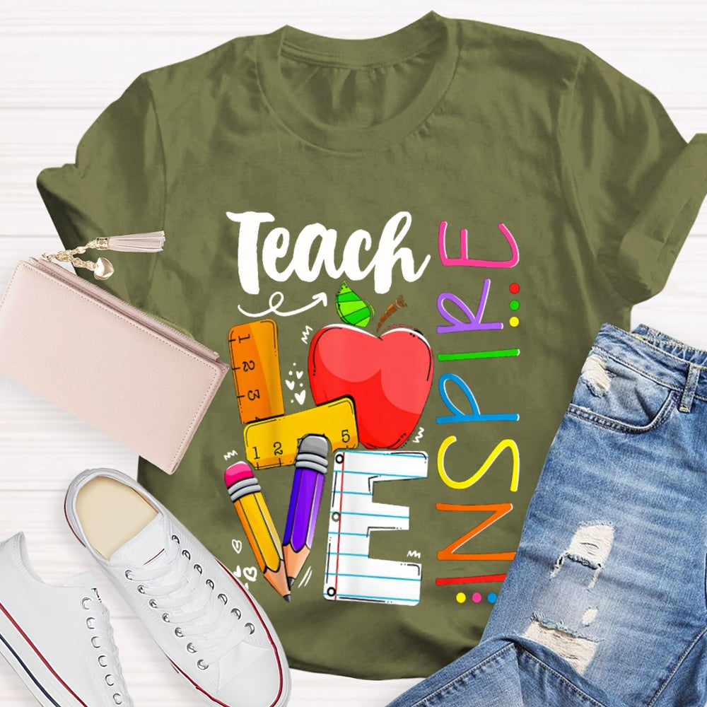 Teach Love Inspire Apple And Colored Fonts T-shirt