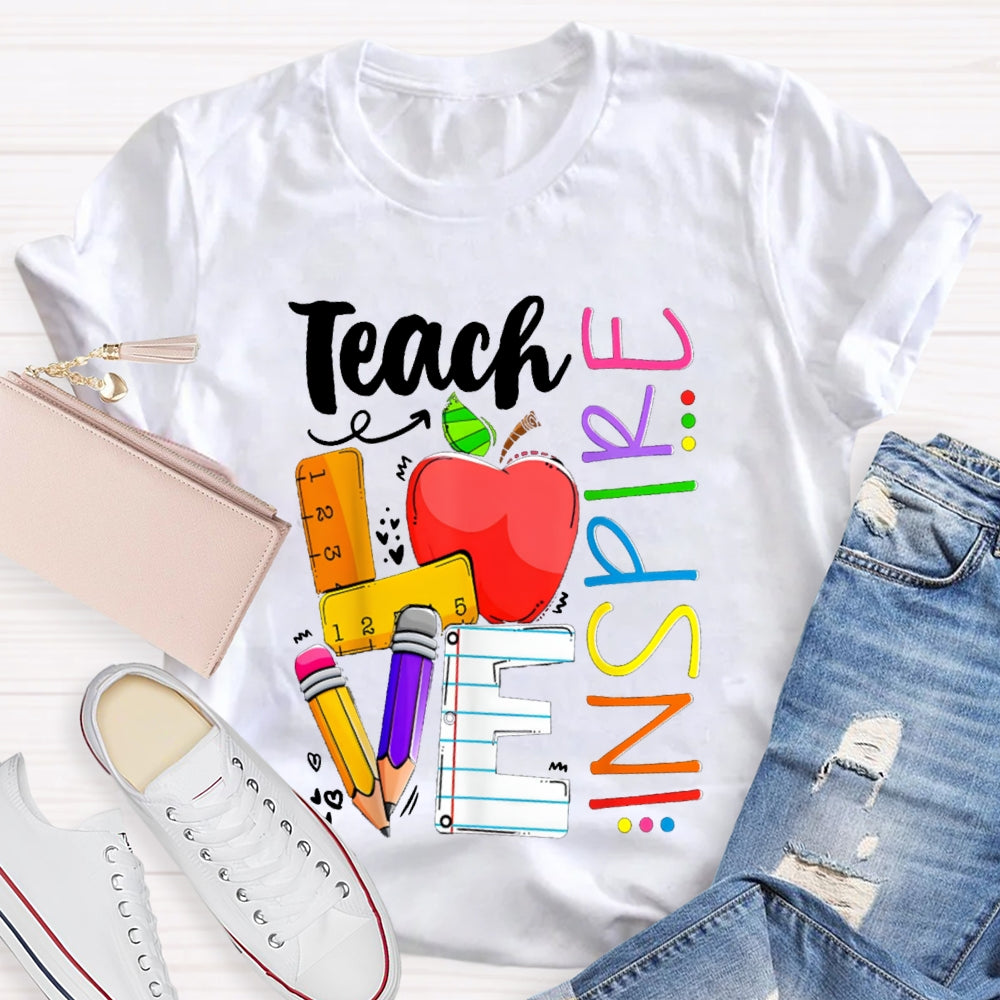 Teach Love Inspire Apple And Colored Fonts T-shirt