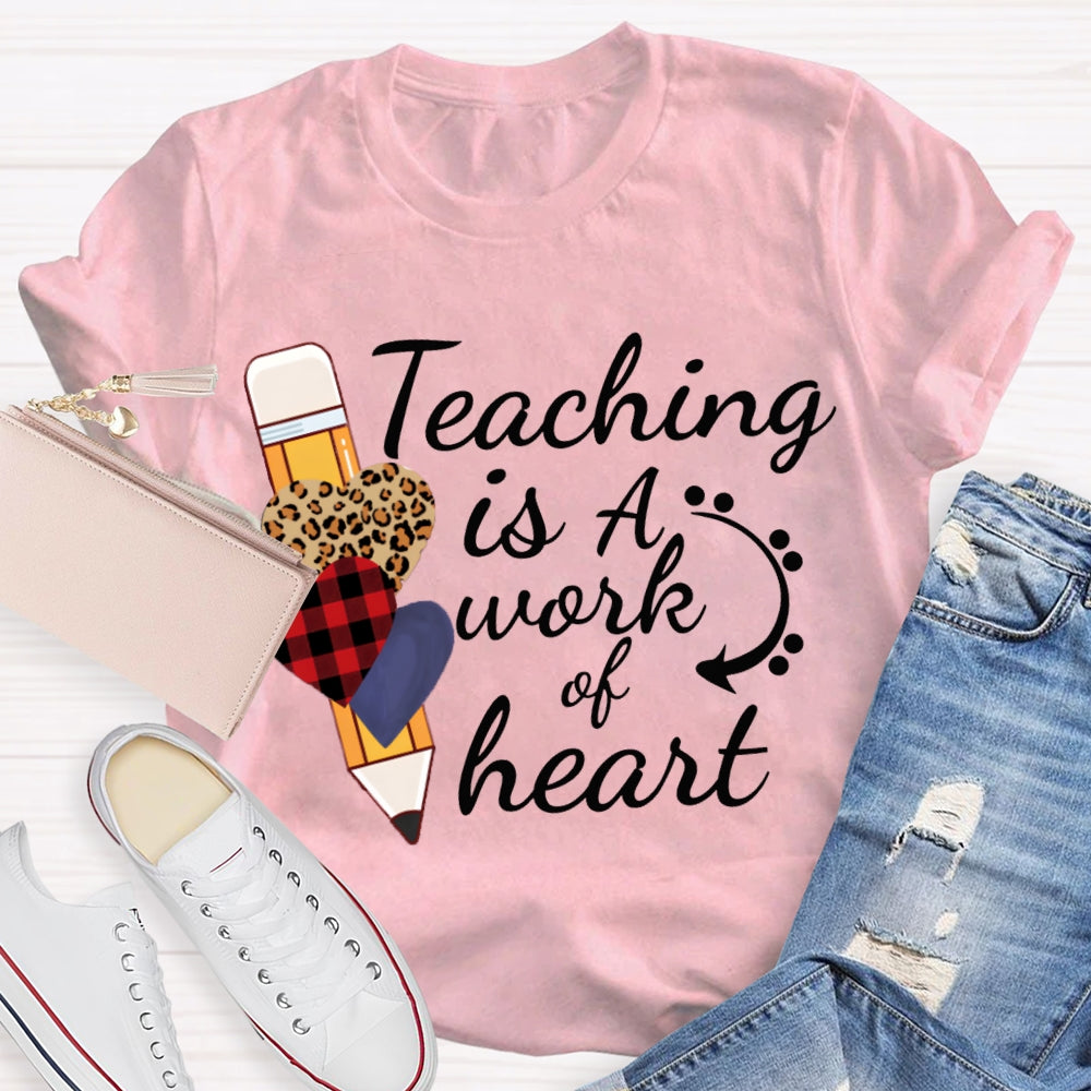 Teaching Is A Work Of Heart Leopard Print Heart Pencil T-shirt