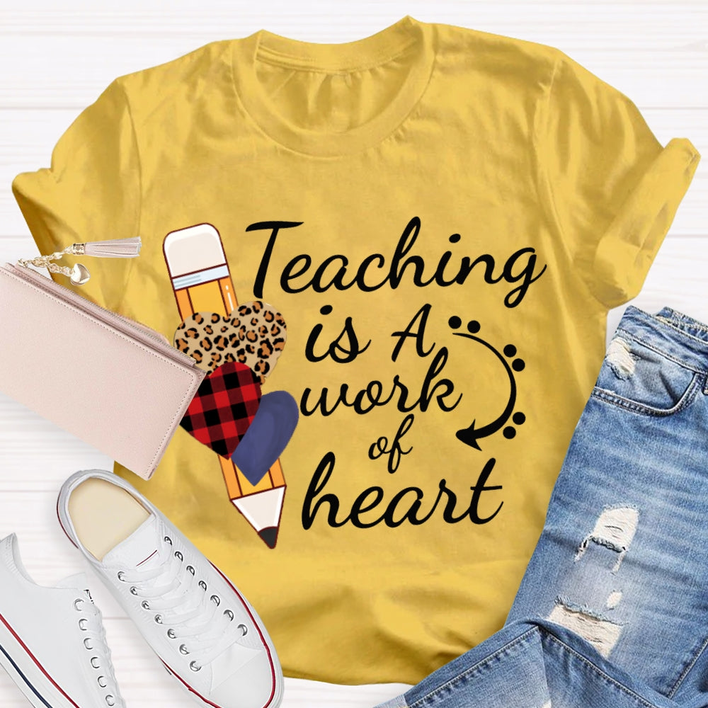 Teaching Is A Work Of Heart Leopard Print Heart Pencil T-shirt