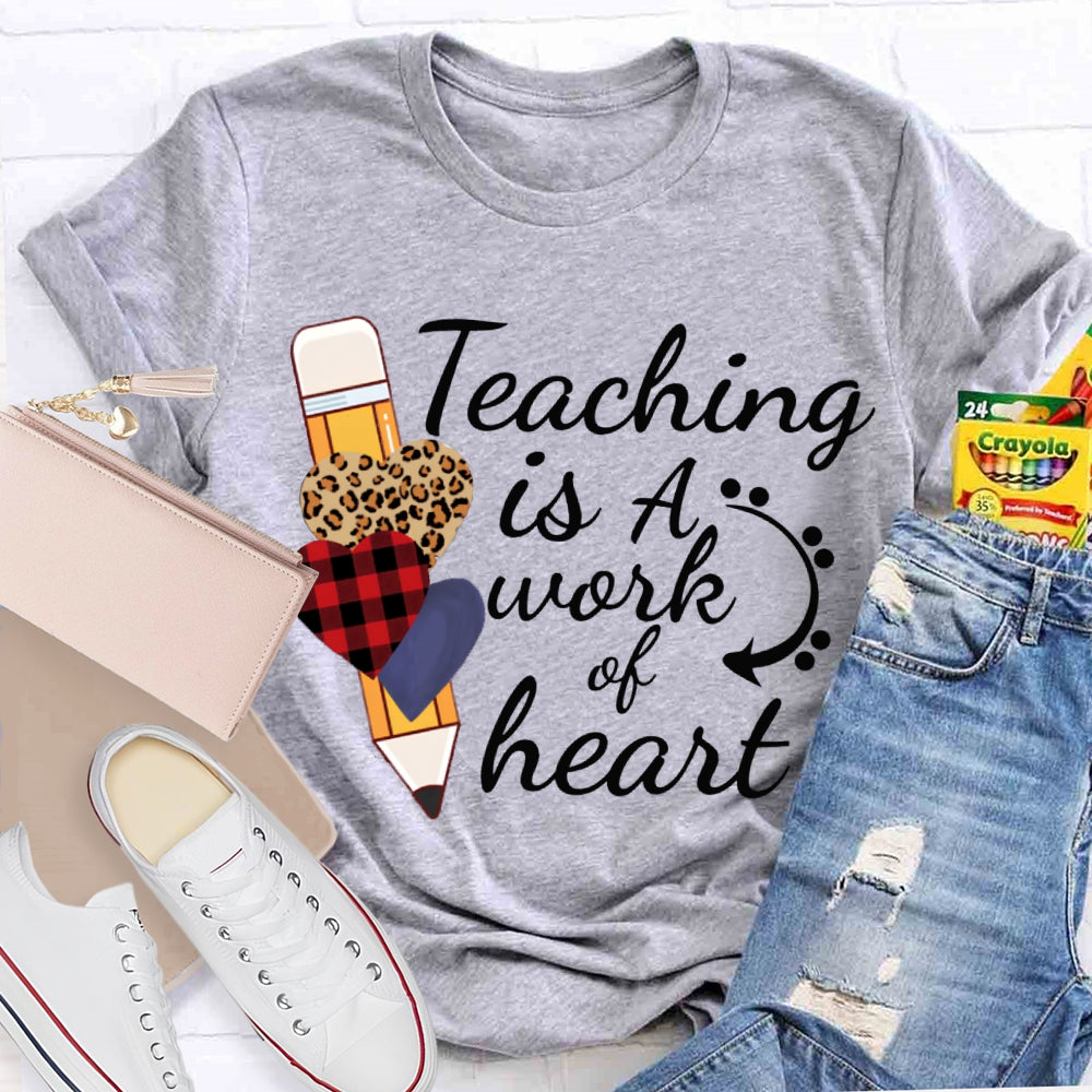 Teaching Is A Work Of Heart Leopard Print Heart Pencil T-shirt