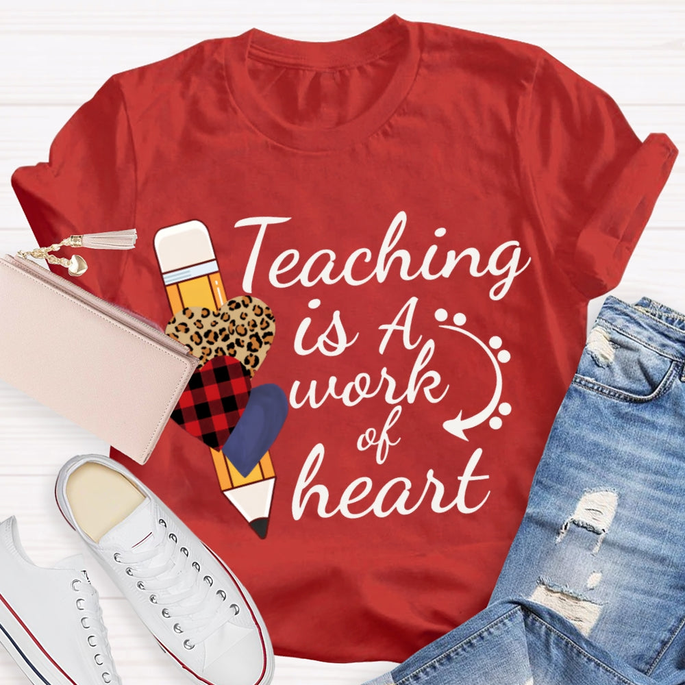 Teaching Is A Work Of Heart Leopard Print Heart Pencil T-shirt