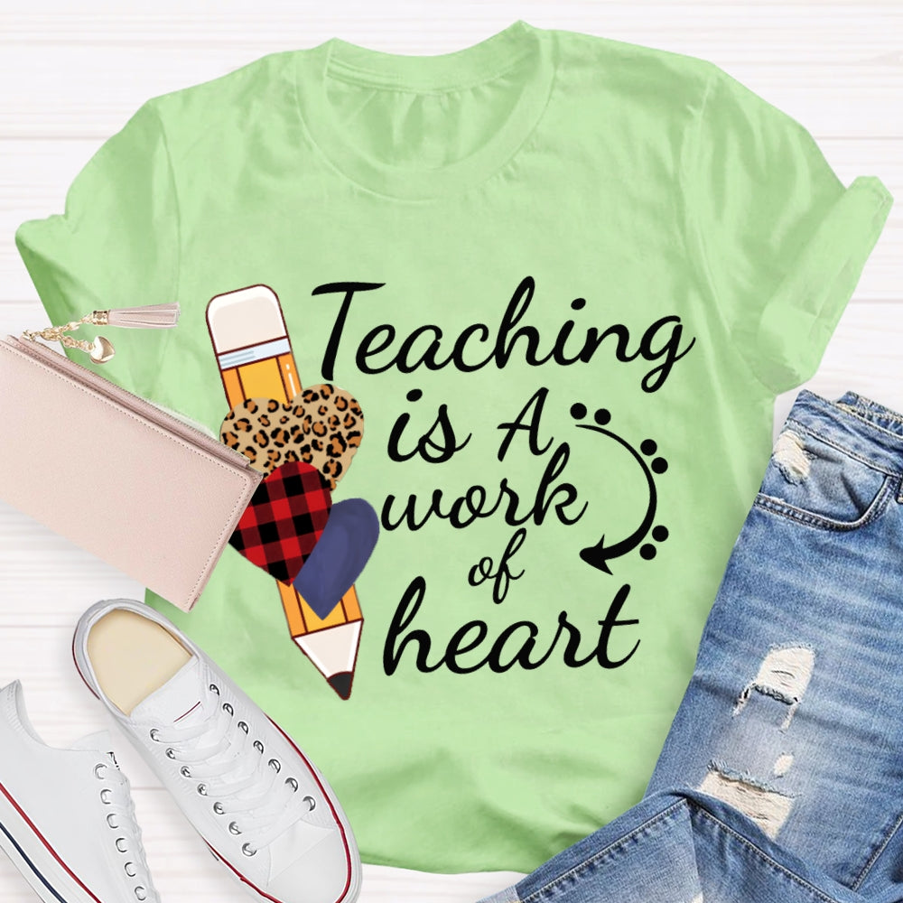 Teaching Is A Work Of Heart Leopard Print Heart Pencil T-shirt