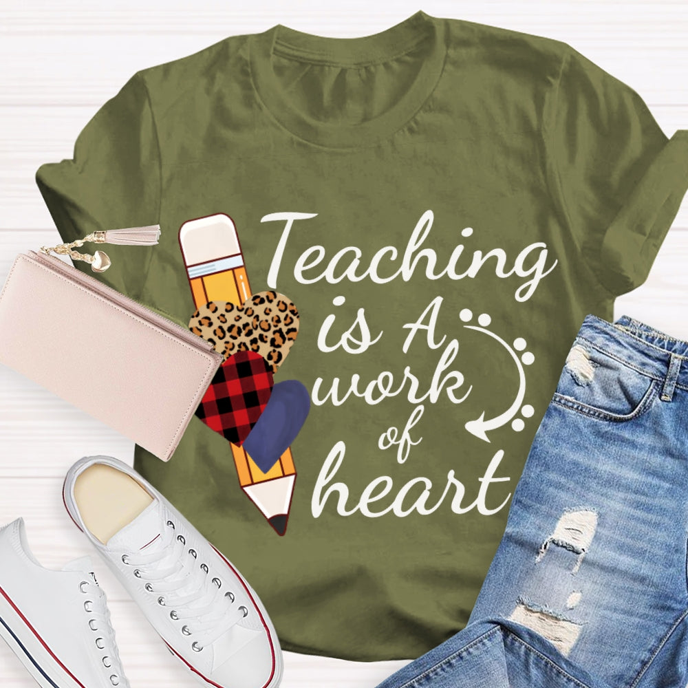 Teaching Is A Work Of Heart Leopard Print Heart Pencil T-shirt